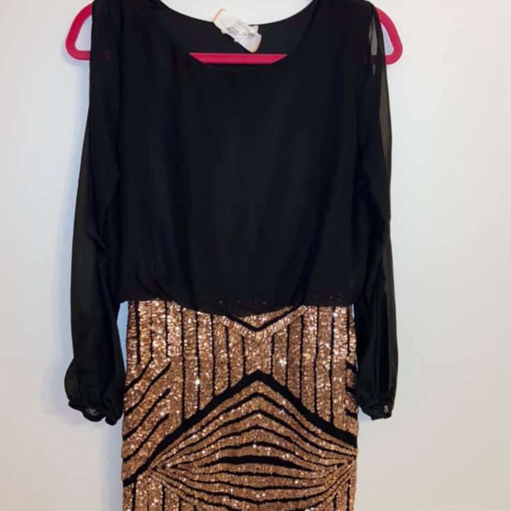 Black and gold sequin long sleeve semiformal dress with cold shoulder